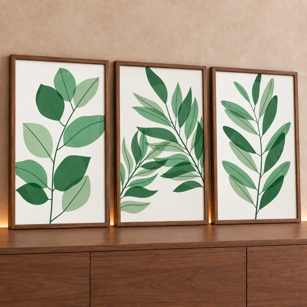 Trio de Quadros Decorativos Plantas Abstratas