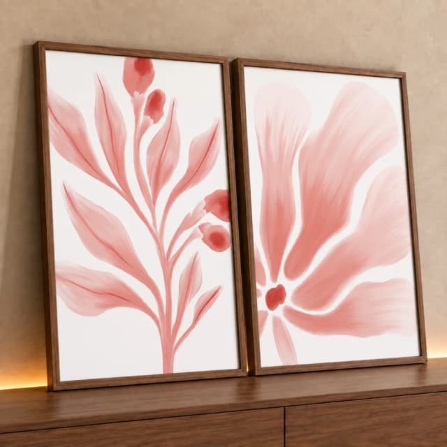 Kit 2 Quadros Decorativos Folhas Rosa