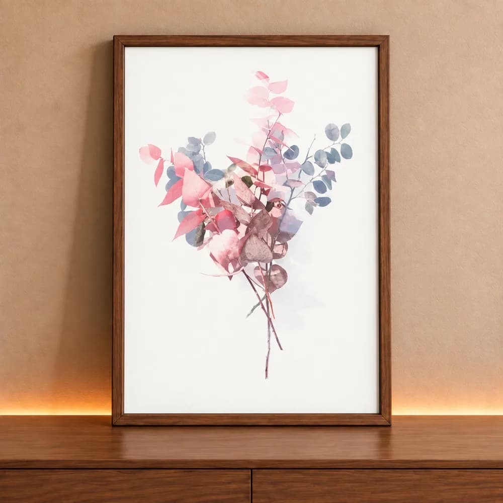 Quadro Decorativo Buquê de Folhas Pintura Aquarela Minimalista