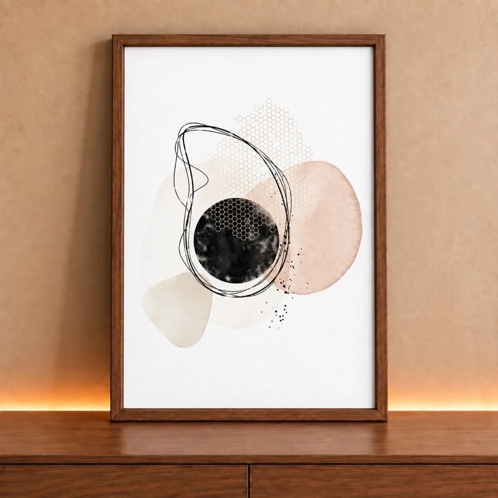 Quadro Decorativo Retangular Abstrato Circulo Negro E Formas Organicas Com Linhas