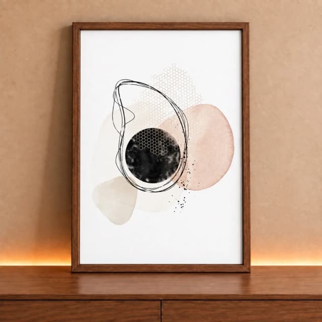 Quadro Decorativo Retangular Abstrato Circulo Negro E Formas Organicas Com Linhas