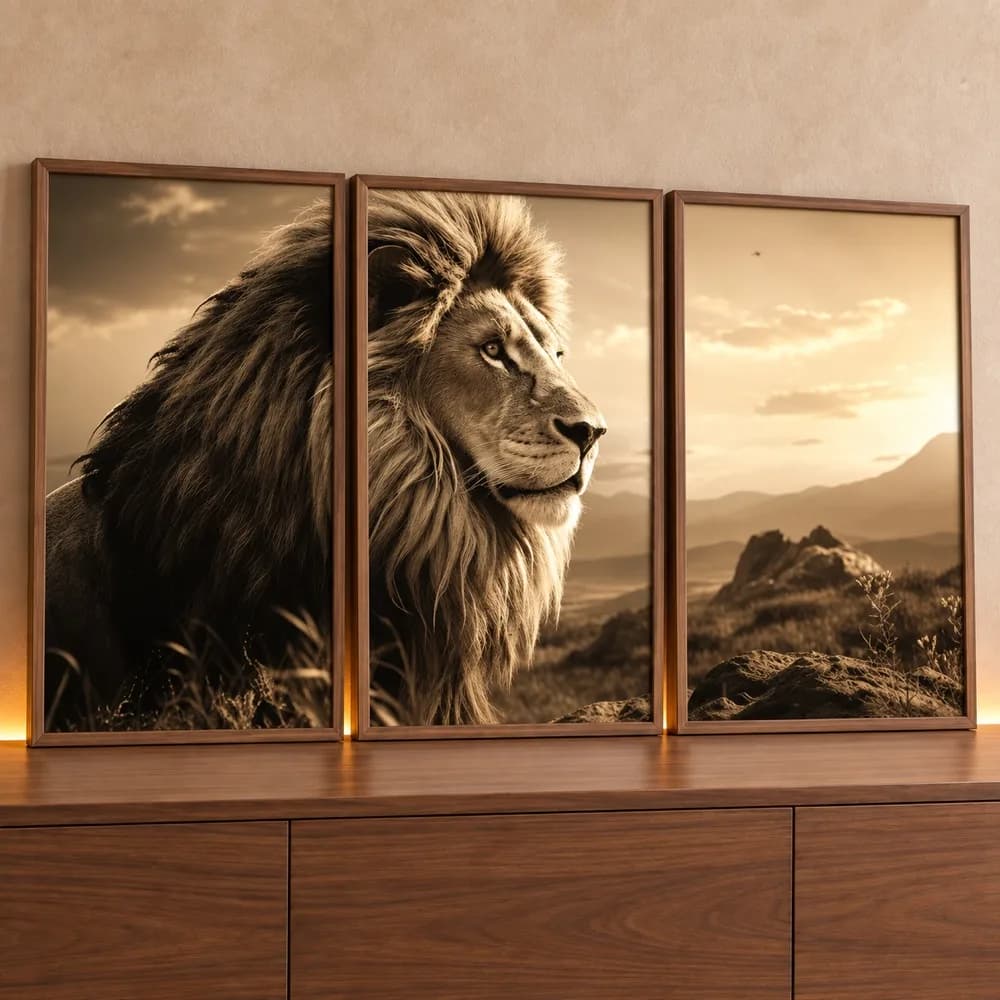 Kit Quadro Decorativo Trio Quadros Retangulares Leão Pôr do Sol Sépia