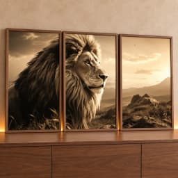 Kit Quadro Decorativo Trio Quadros Retangulares Leão Pôr do Sol Sépia