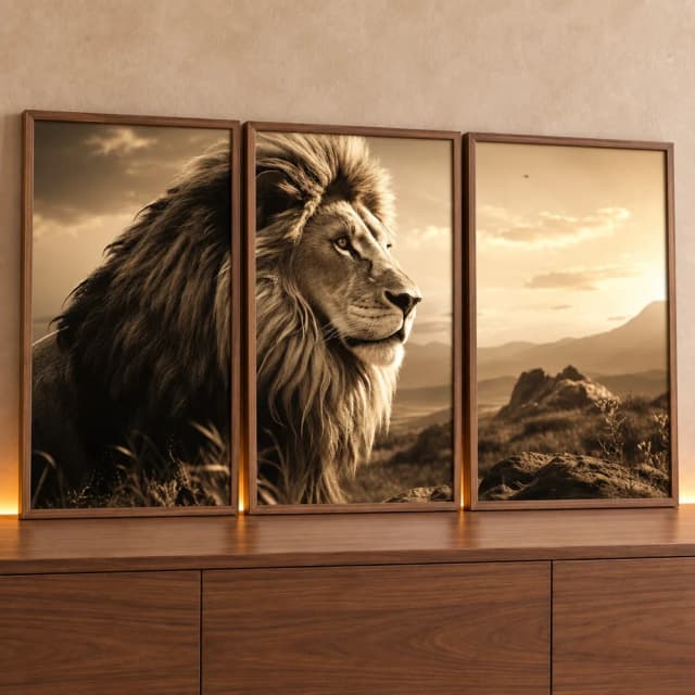 Kit Quadro Decorativo Trio Quadros Retangulares Leão Pôr do Sol Sépia