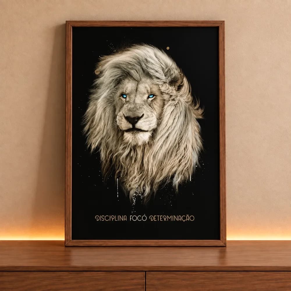 Quadro Decorativo Pintura Leão Tipografia Disciplina Foco Determinação
