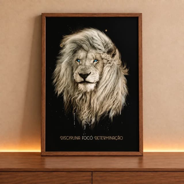 Quadro Decorativo Pintura Leão Tipografia Disciplina Foco Determinação