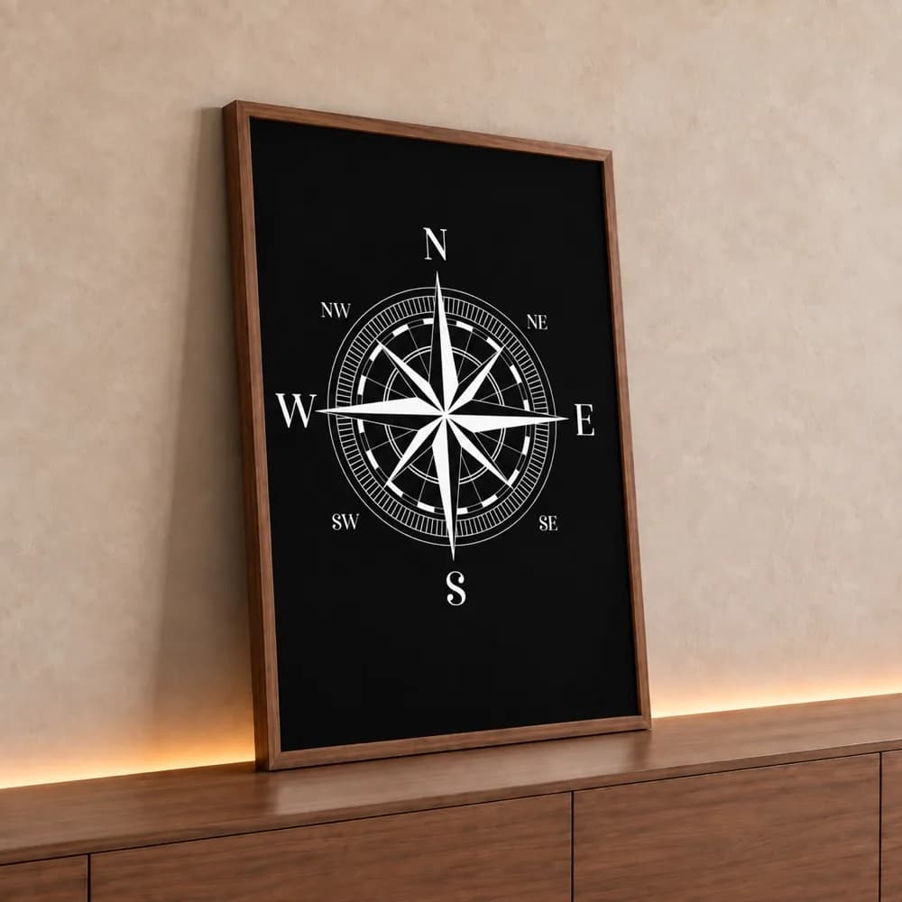 Quadro Decorativo Bússola Rosa dos Ventos Fundo Black