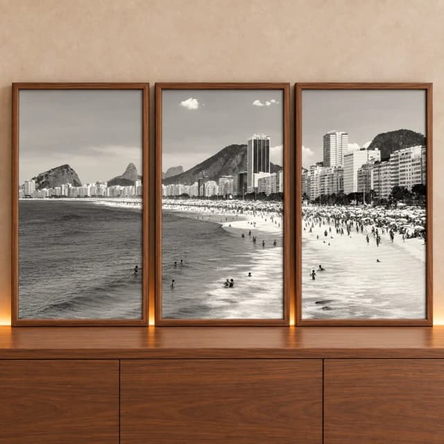 Kit Quadro Decorativo Praia do Rio de Janeiro Fotografia Preto e Branco