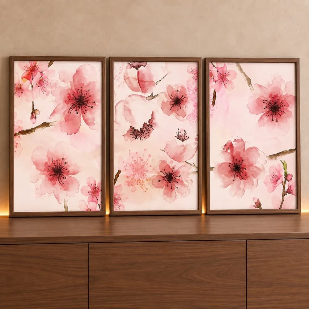 Kit Quadro Decorativo Floral Aquarela em Tons Rosé e Vermelho