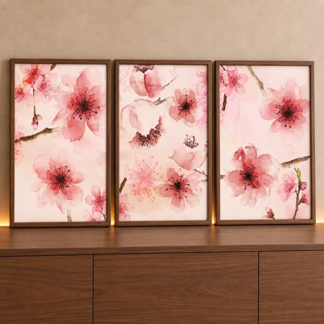 Kit Quadro Decorativo Floral Aquarela em Tons Rosé e Vermelho