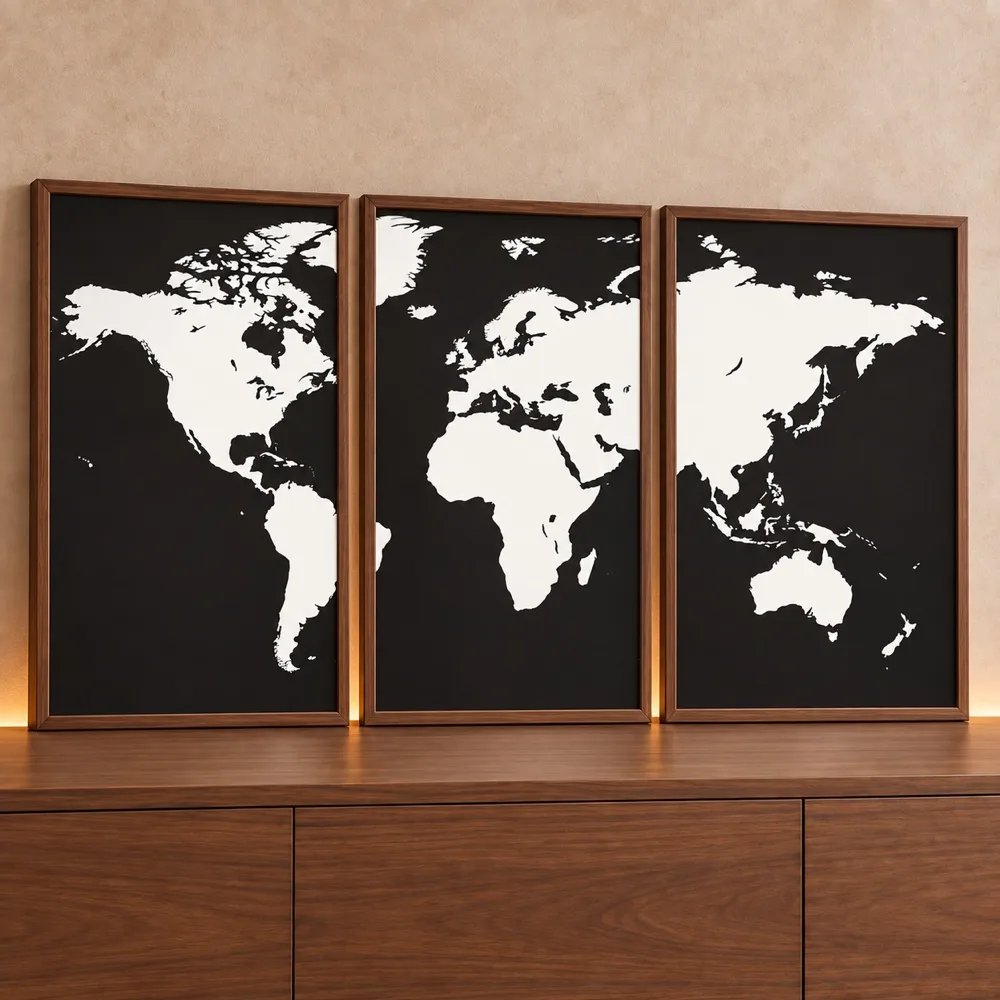 Kit Quadro Decorativo Mapa Mundi Minimalista Preto e Branco