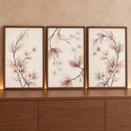 Kit Quadro Decorativo Floral Ramos de Folhas em Efeito Tecido Brancas com Lilás