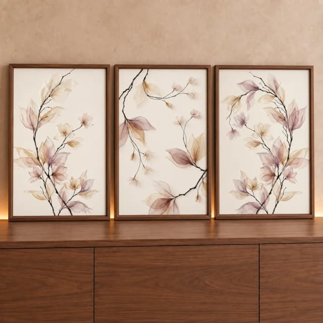 Kit Quadro Decorativo Floral Ramos de Folhas em Efeito Tecido Brancas com Lilás