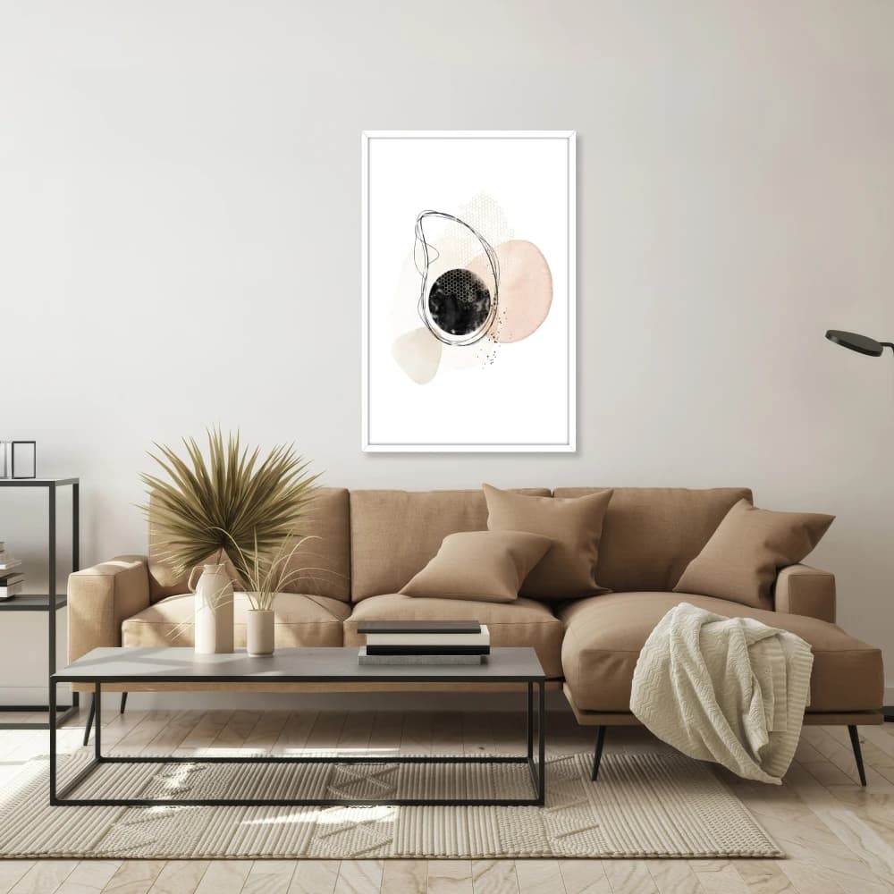 Quadro Decorativo Retangular Abstrato Circulo Negro E Formas Organicas Com Linhas