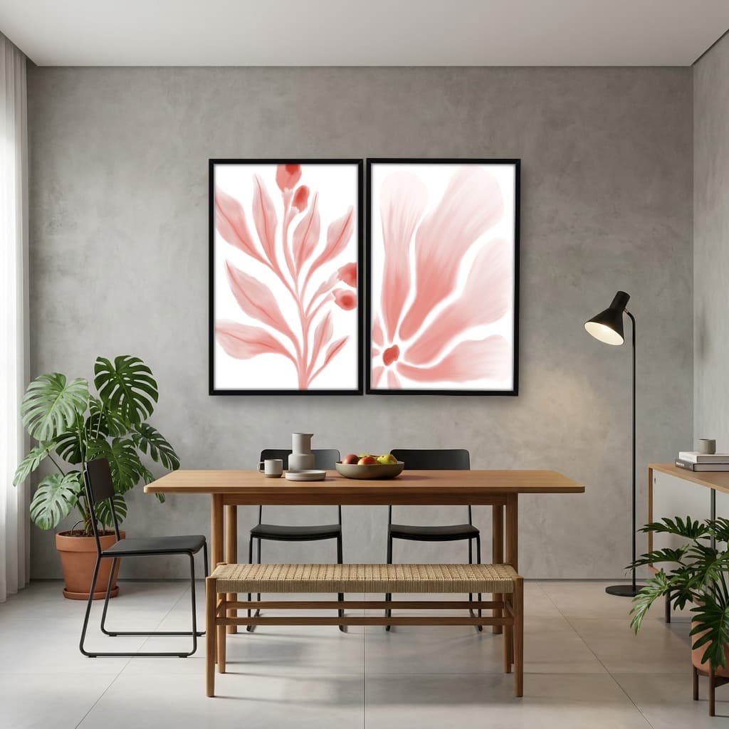 Kit 2 Quadros Decorativos Folhas Rosa