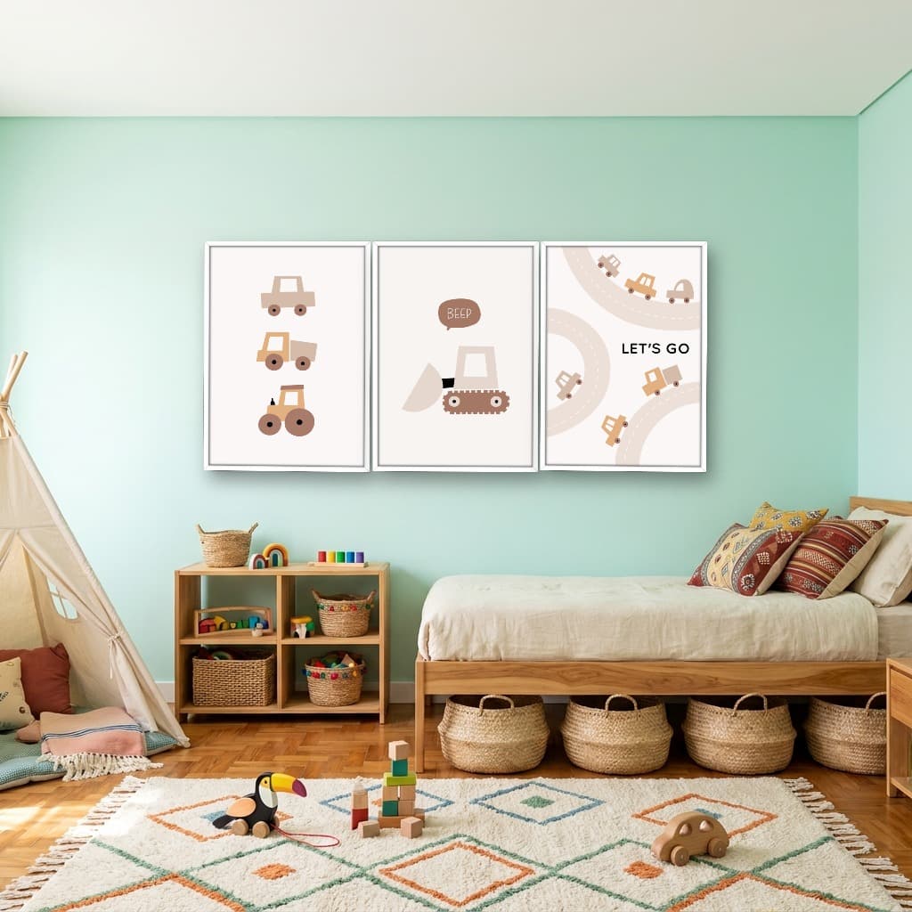 Kit 3 Quadros Decorativos Infantis Carrinhos