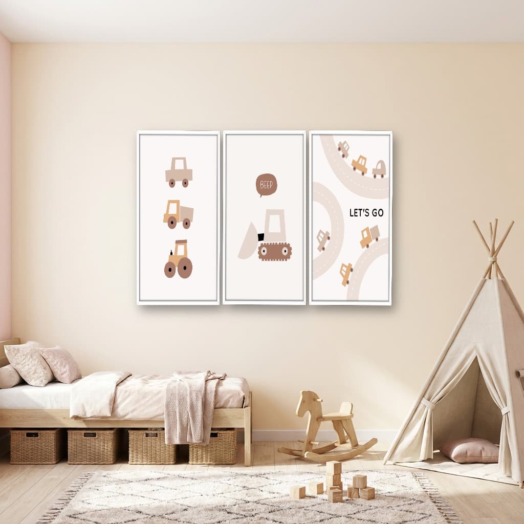 Kit 3 Quadros Decorativos Infantis Carrinhos