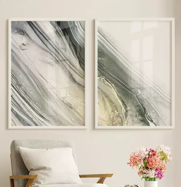 Kit Quadro Decorativo Liquido Em Tons Cinza e Dourado