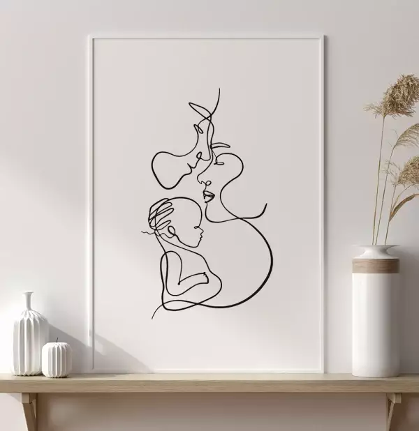Quadro Decorativo Retangular Mae E Pai Com Bebe No Colo One Line