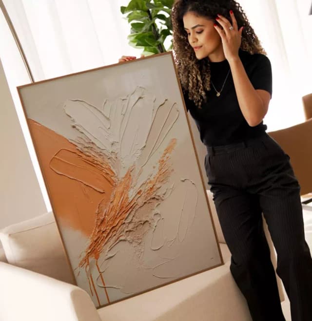 Quadro Decorativo Pintura Camadas de Tinta Laranja com OffWhite