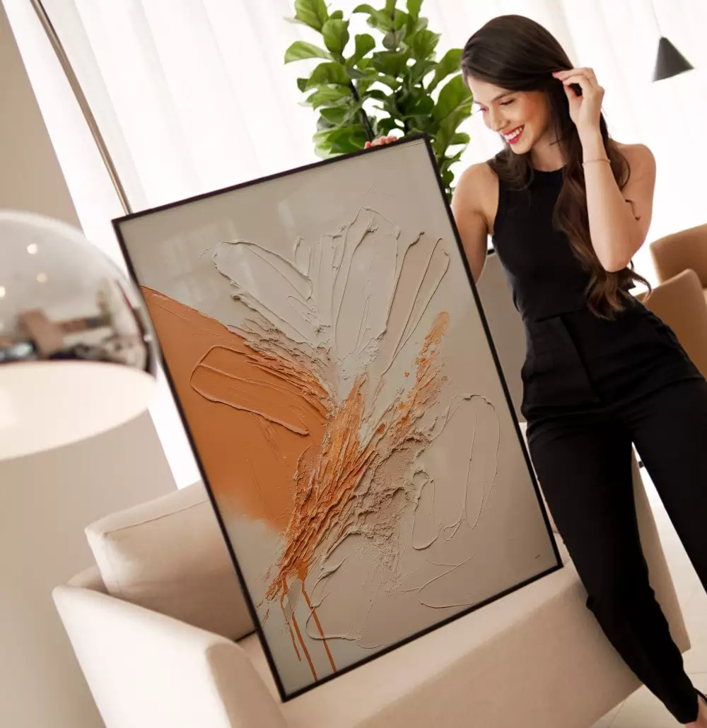 Quadro Decorativo Pintura Camadas de Tinta Laranja com OffWhite