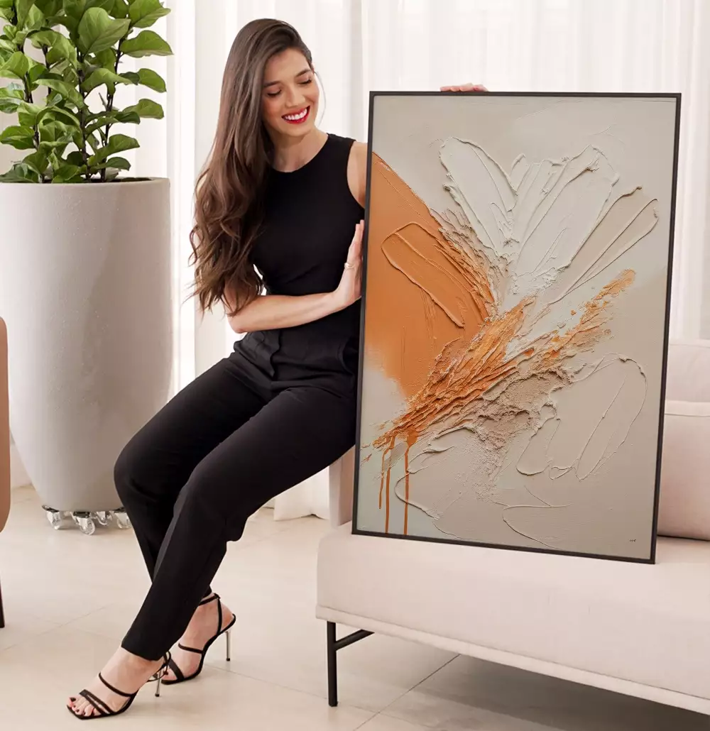 Quadro Decorativo Pintura Camadas de Tinta Laranja com OffWhite