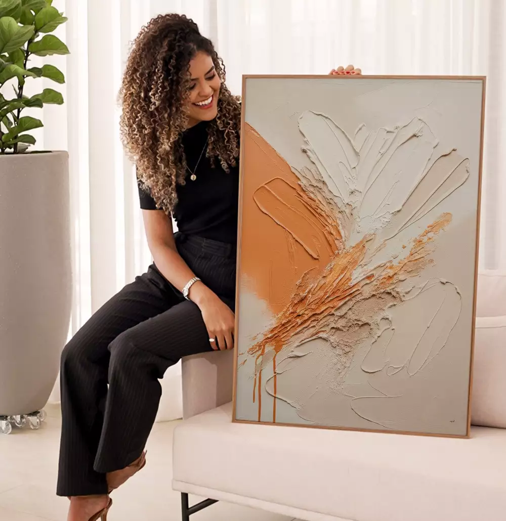 Quadro Decorativo Pintura Camadas de Tinta Laranja com OffWhite