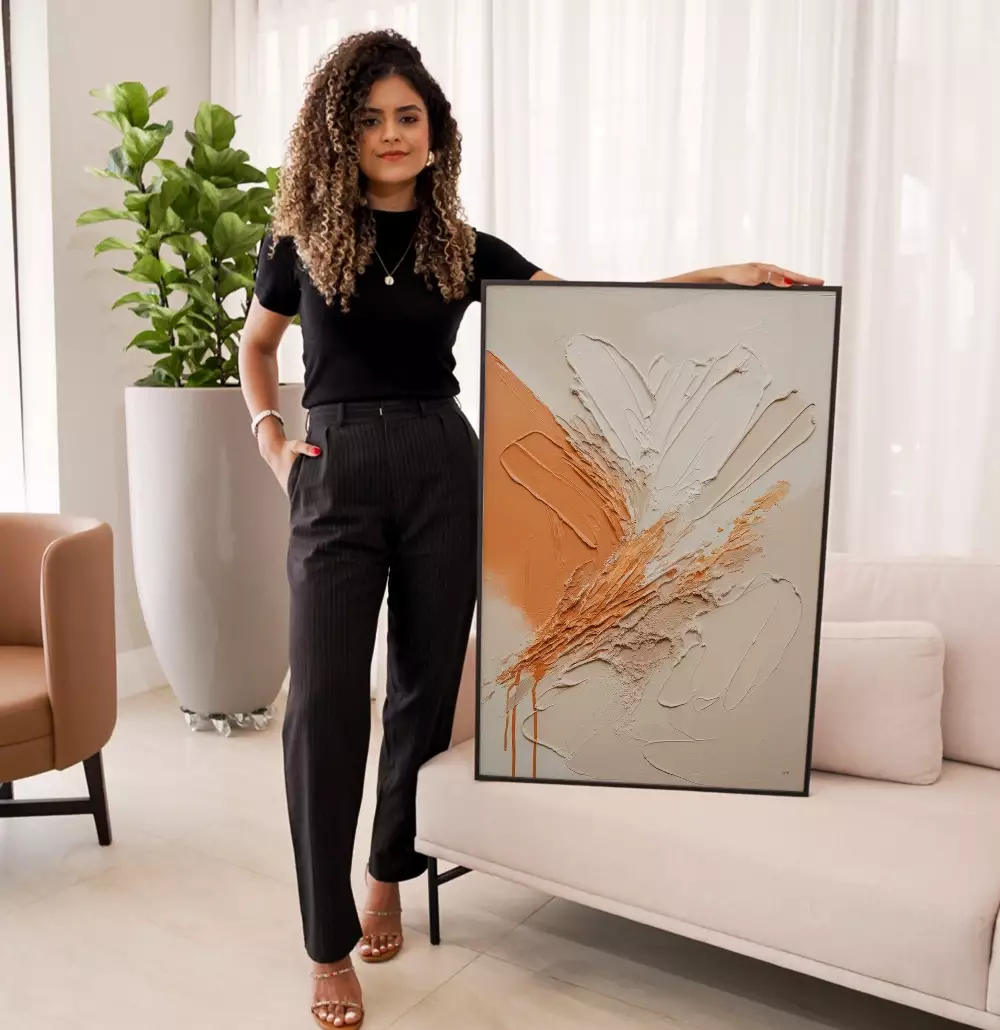 Quadro Decorativo Pintura Camadas de Tinta Laranja com OffWhite