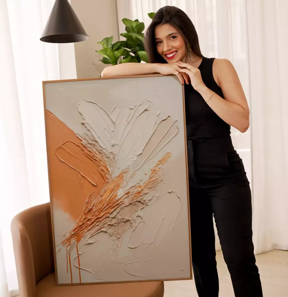 Quadro Decorativo Pintura Camadas de Tinta Laranja com OffWhite