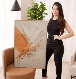 Quadro Decorativo Pintura Camadas de Tinta Laranja com OffWhite