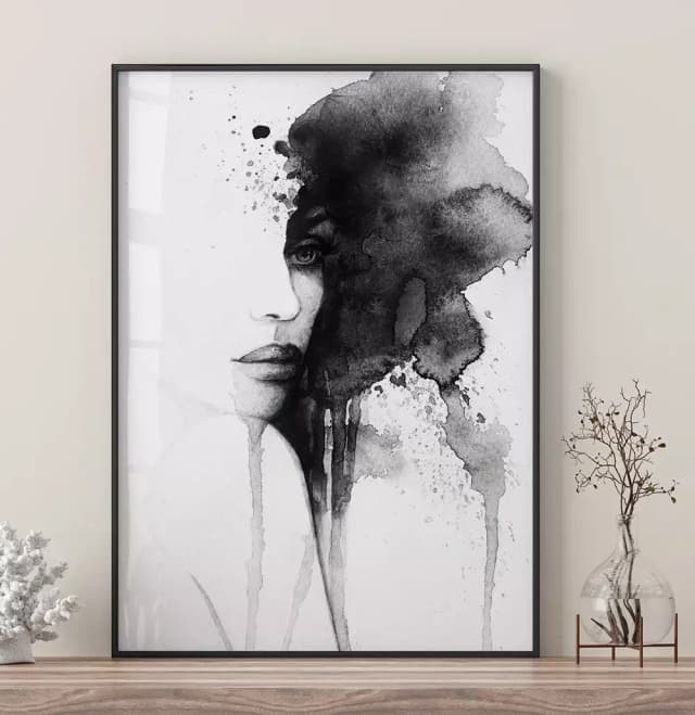 Quadro Decorativo Rosto Abstrato em Aquarela Preto e Branco