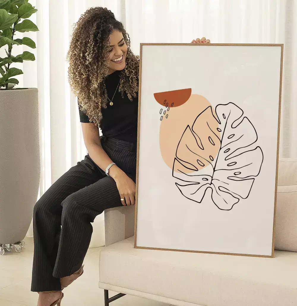 Quadro Decorativo Abstrato Formas Orgânicas com Floral Minimalista