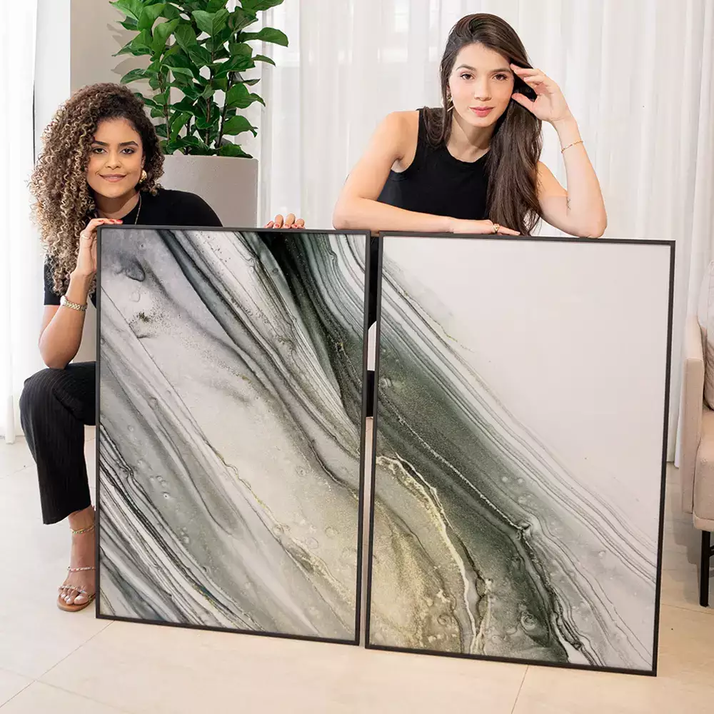 Kit Quadro Decorativo Liquido Em Tons Cinza e Dourado