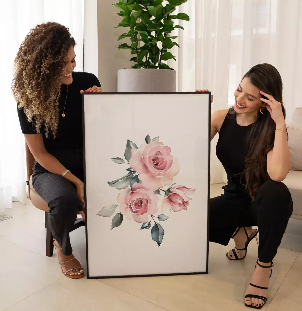 Quadro Decorativo Rosas Pintura em Aquarela Minimalista