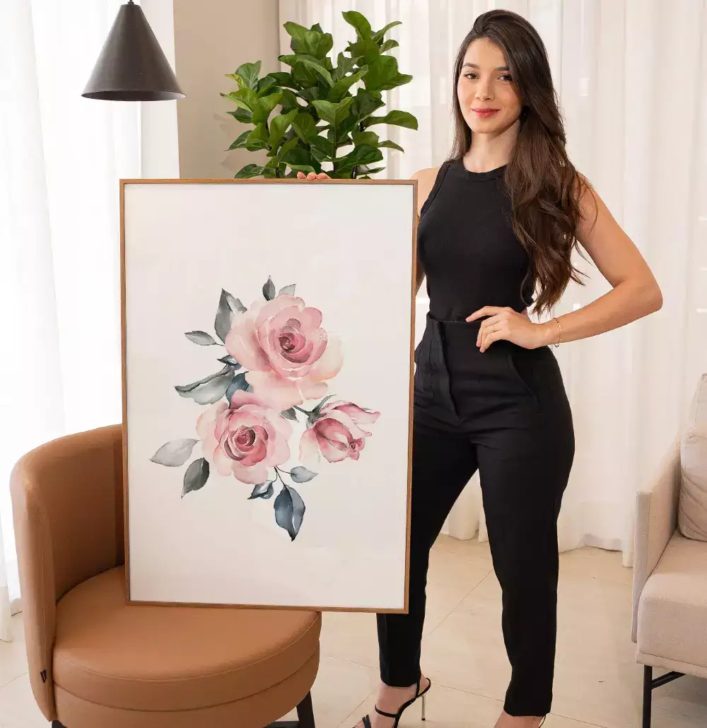 Quadro Decorativo Rosas Pintura em Aquarela Minimalista