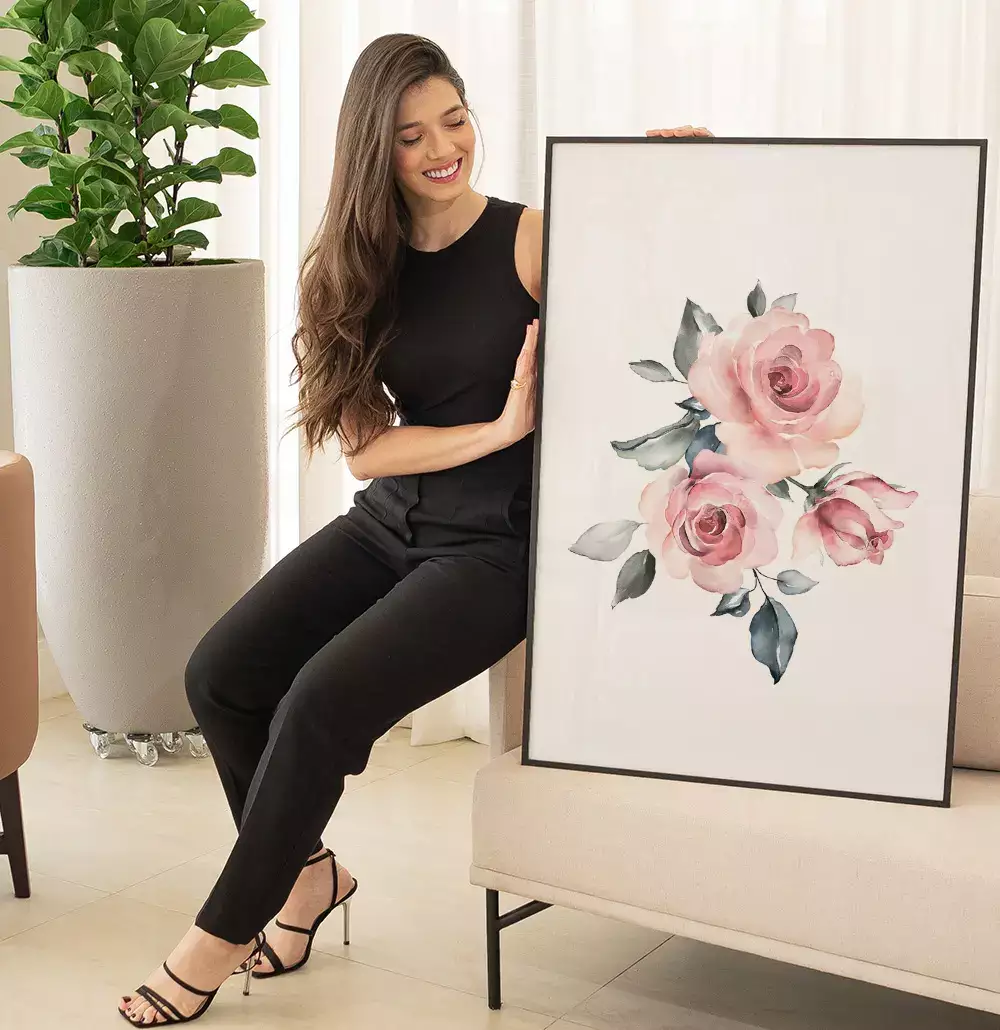 Quadro Decorativo Rosas Pintura em Aquarela Minimalista