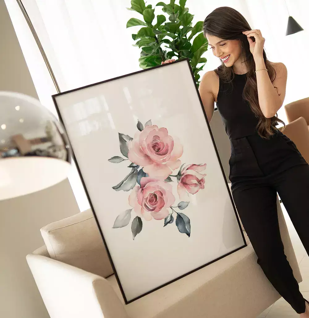 Quadro Decorativo Rosas Pintura em Aquarela Minimalista