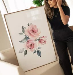 Quadro Decorativo Rosas Pintura em Aquarela Minimalista