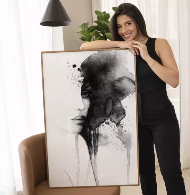Quadro Decorativo Rosto Abstrato em Aquarela Preto e Branco