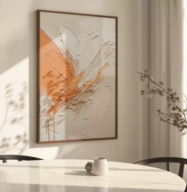 Quadro Decorativo Pintura Camadas de Tinta Laranja com OffWhite