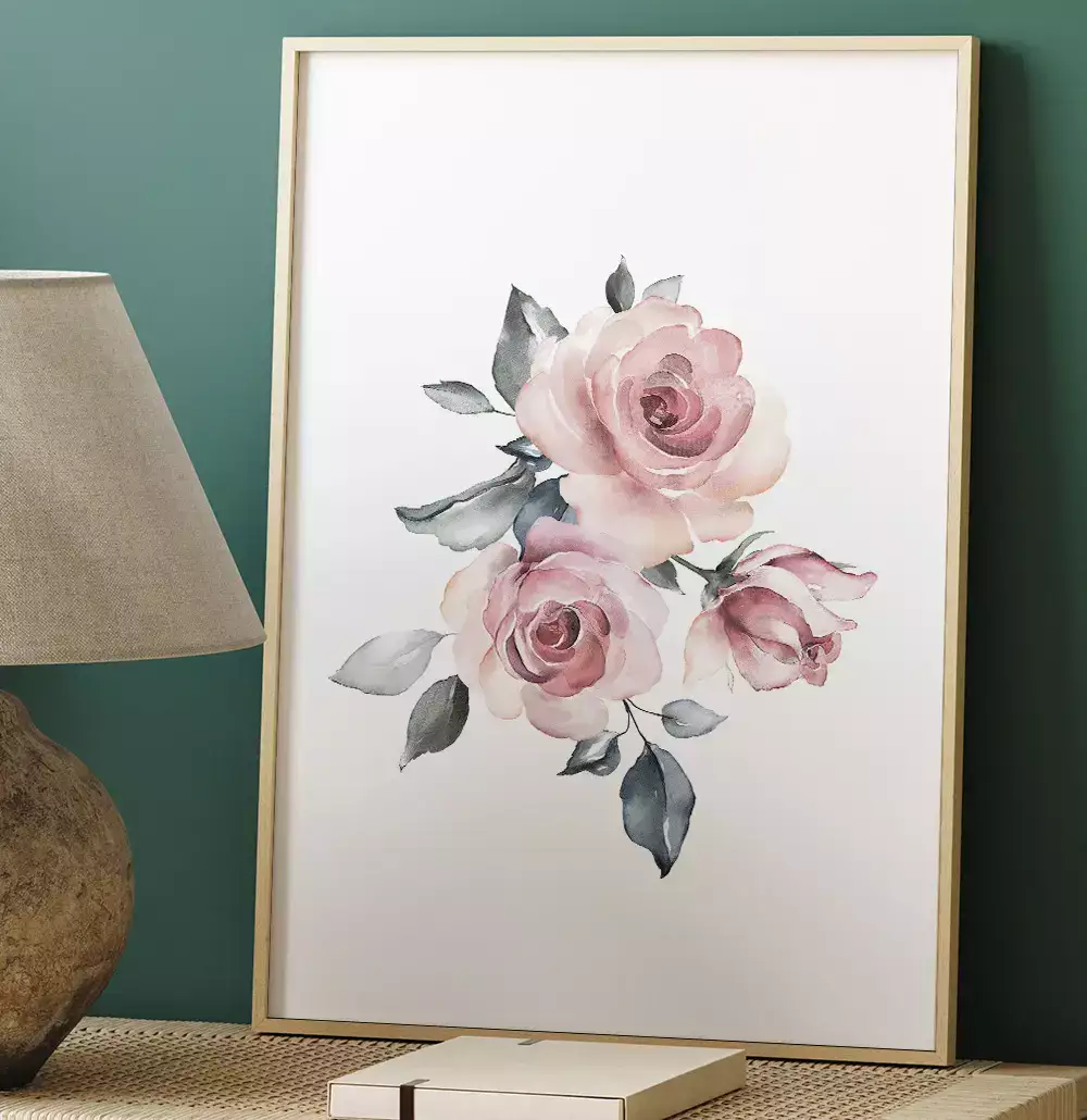 Quadro Decorativo Rosas Pintura em Aquarela Minimalista