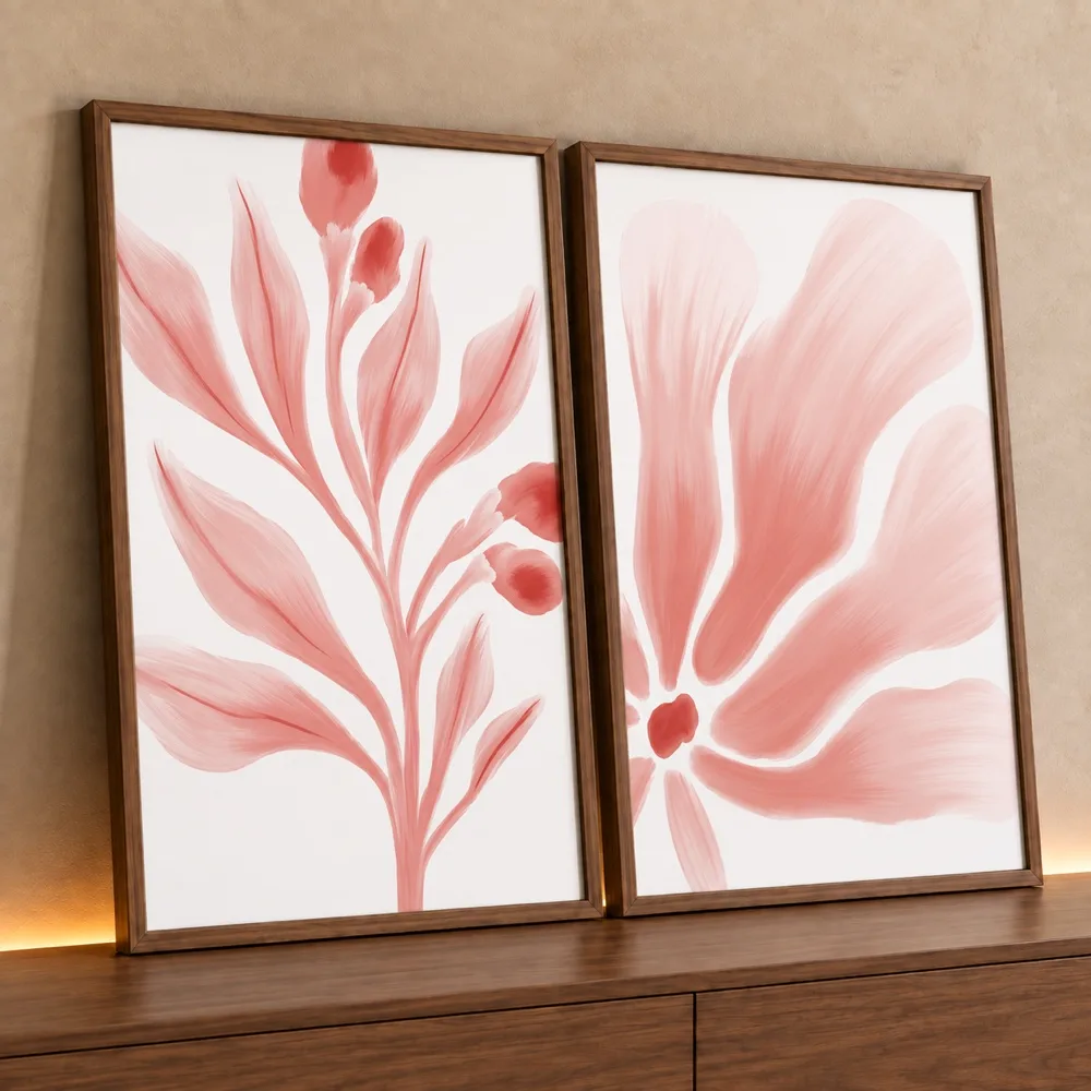 Kit 2 Quadros Decorativos Folhas Rosa