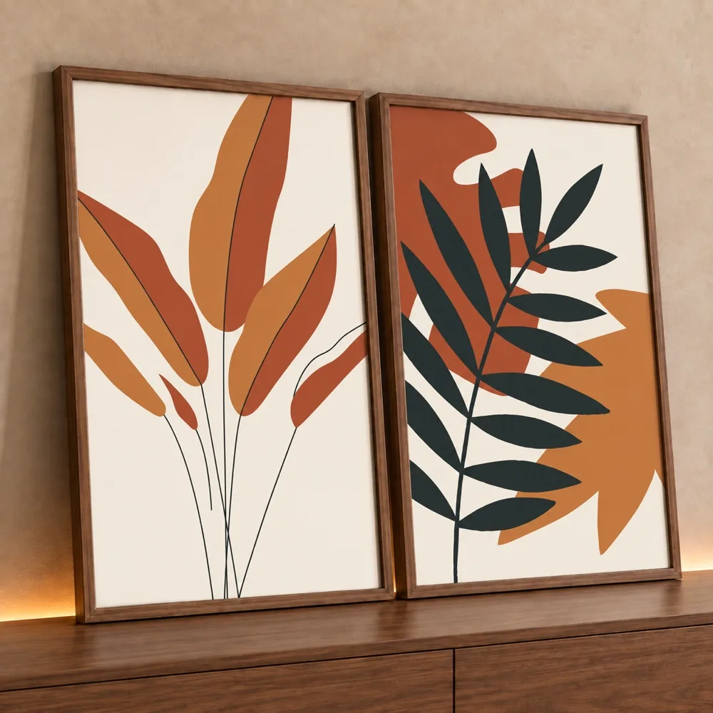 Kit 2 Quadros Decorativos Plantas Abstratas