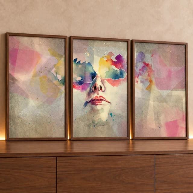 Kit Quadro Decorativo Rosto Abstrato com Olhos Aquarela