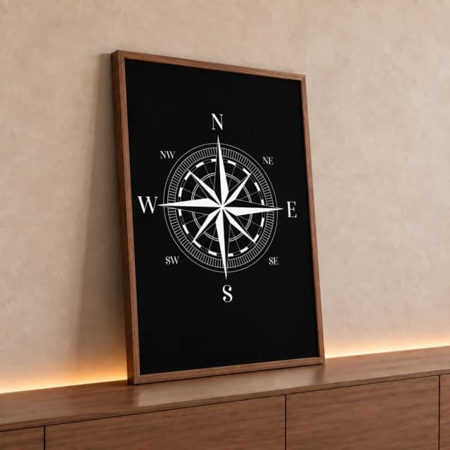 Quadro Decorativo Bússola Rosa dos Ventos Fundo Black