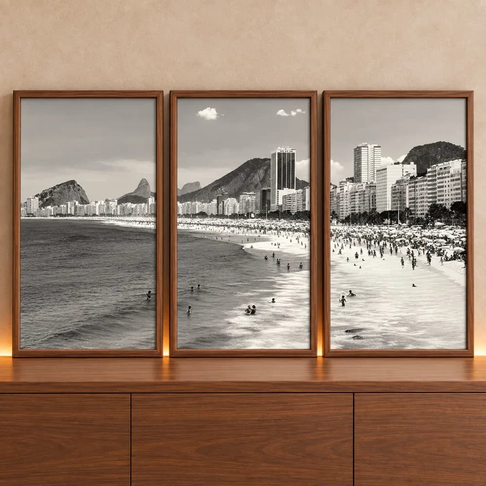 Kit Quadro Decorativo Praia do Rio de Janeiro Fotografia Preto e Branco